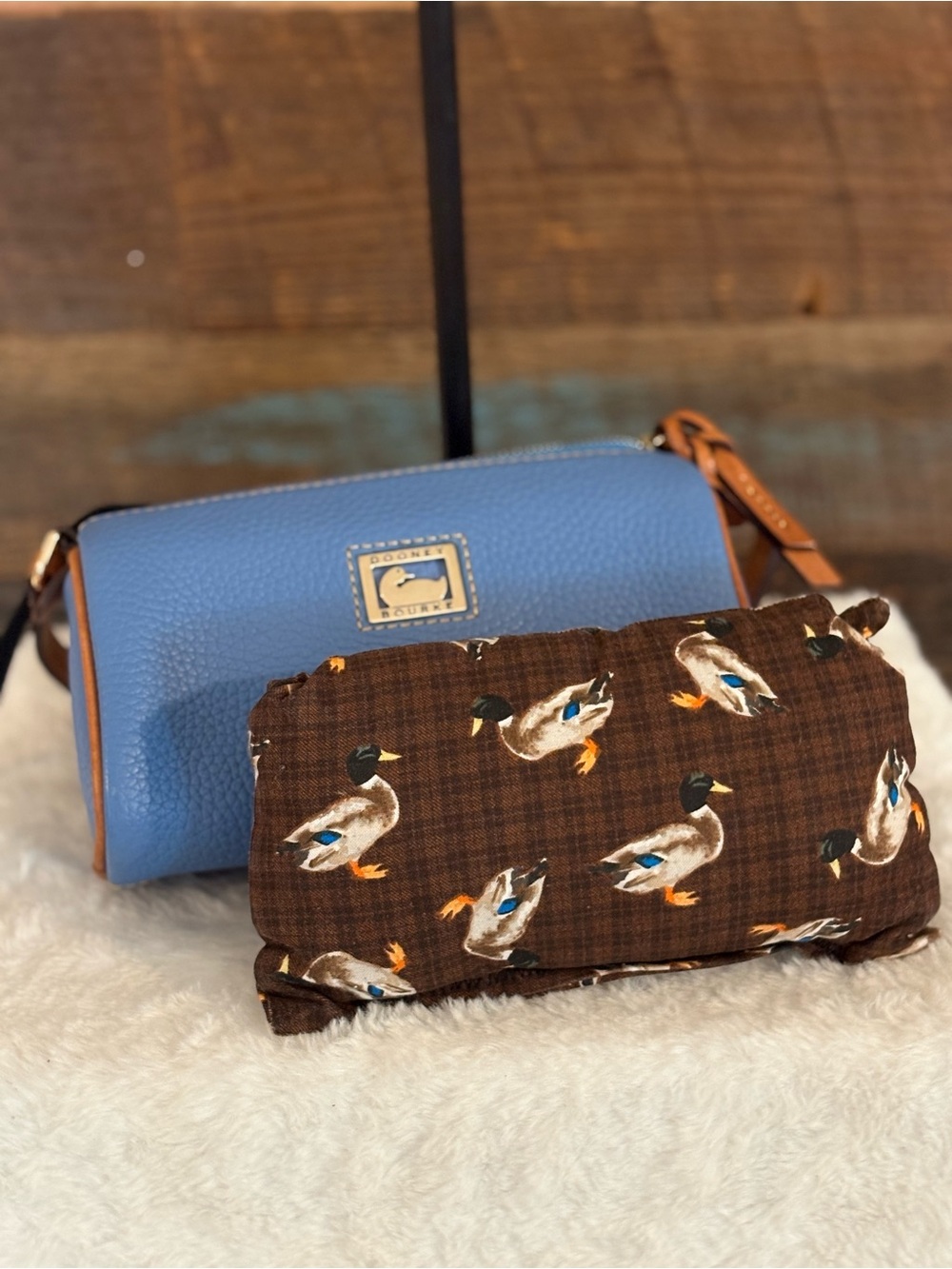 Dooney & Bourke Blue Pebble Leather Mini Barrel Bag with Brown Trim - Picture 11 of 11